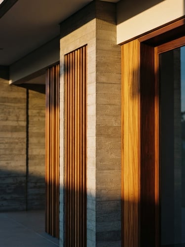 Close-up of modern Brazilian concrete architecture, warm golden-hour light casting long shadows on tropical wood panels, sophisticated editorial photography, 35mm