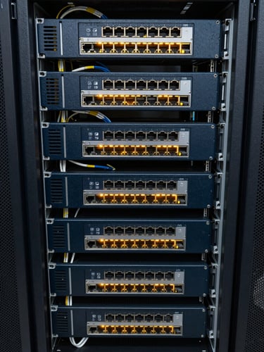 Tight overhead view of rack-mounted servers with illuminated port indicators and cable management, flat overhead studio lighting, deep navy and charcoal tones, no people, infrastructure detail shot