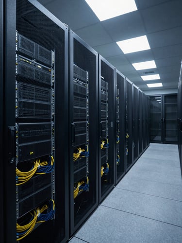 Wide overhead shot of a server rack row under cool overhead fluorescent lighting, dense cable management visible in the foreground, data center corridor receding into darkness behind—no people, no signage