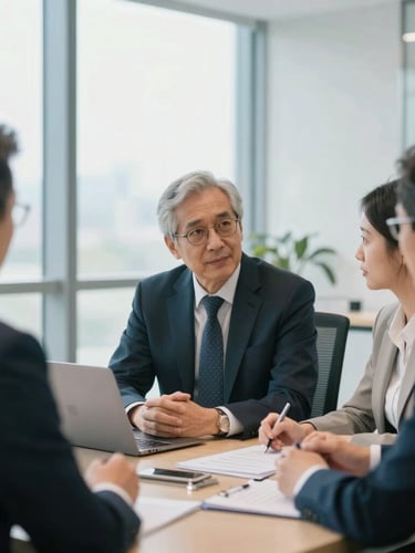 Professional interaction in a modern corporate boardroom with natural light, off-center medium close-up of senior executives collaborating, sharp focus, 35mm.