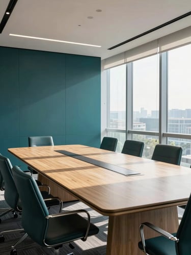 Wide environmental shot of a modern corporate boardroom with natural sunlight filtering through high windows, deep teal accents, sharp focus, 35mm lens