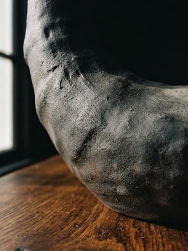 Extreme close-up of a sculpted matte ceramic vase on an oiled oak table, dramatic architectural window light, deep charcoal shadows, sharp focus, 35mm