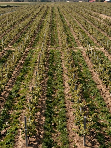 Wide shot of structured orchard rows after professional pruning, clean cut-lines, direct daylight, raw environmental look