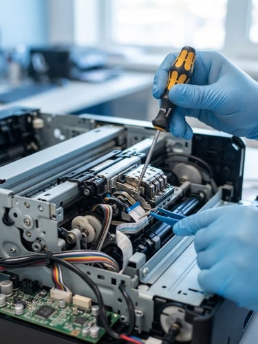 Close-up of technical hands adjusting internal printer components with precision tools, bright natural office light, cool blue and white tones, sharp focus, professional depth of field