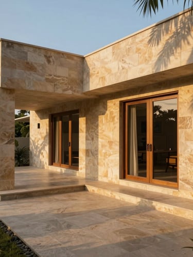 Wide-angle architectural photograph of a sun-dappled modern villa veranda in Siolim, shadows of palm leaves on laterite stone walls, warm golden hour light.