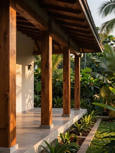 A striking architectural shot of a modern Goan villa veranda at golden hour, sun-dappled teak wood pillars, lush tropical greenery framing the right third