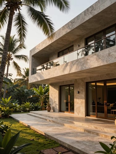 Wide architectural shot of a sun-dappled, high-end villa veranda in Goa, golden hour light filtering through tropical foliage, clean architectural lines of laterite stone.