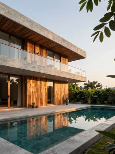 Wide-angle architectural shot of a modern minimalist villa in Alibaug, warm late-afternoon golden hour light reflecting off a private pool, clean concrete and teak wood finishes, lush green foliage framing the right side.