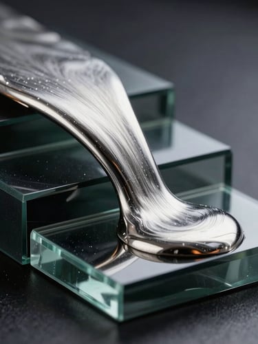 Macro close-up of liquid silver metal flowing over dark geometric glass steps, sharp high-contrast reflections, dramatic studio lighting