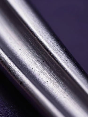 Extreme macro close-up of liquid metal texture with dramatic rim lighting, chrome-like reflections, midnight purple shadows, high-contrast studio setup.