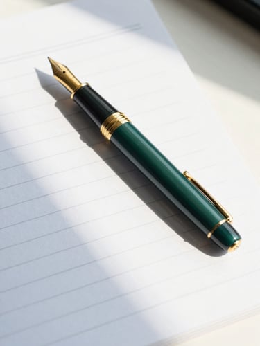 Editorial corporate photography of a gold fountain pen resting on clean ledger paper, soft morning daylight casting elegant shadows, clean white and deep green tones, 35mm lens
