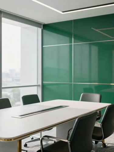 Bright modern Pakistani corporate meeting room with clean glass walls, soft natural daylight, minimalist aesthetic, deep green accents, 35mm lens
