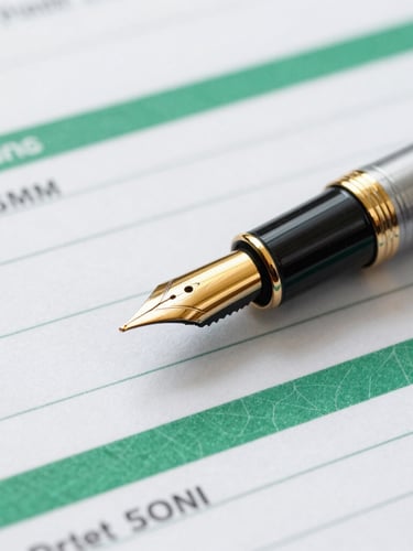 Macro shot of gold fountain pen resting on green-tinted financial ledger, bright natural daylight, corporate editorial style