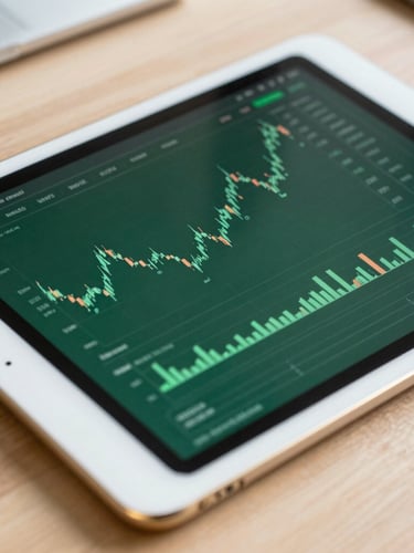 Crisp close-up of a modern tablet displaying financial charts on a wooden desk, soft natural light, deep green tones, professional setting