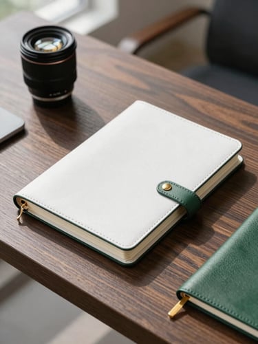 Editorial corporate photography of a premium leather notebook on a modern dark wood desk, bright natural daylight, clean white and deep green tones, gold accents, 35mm lens