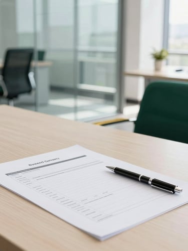 A bright, modern corporate workspace in Karachi with natural daylight, a crisp financial statement on a clean wooden desk, sleek pen, and glass partition in background, 35mm lens.