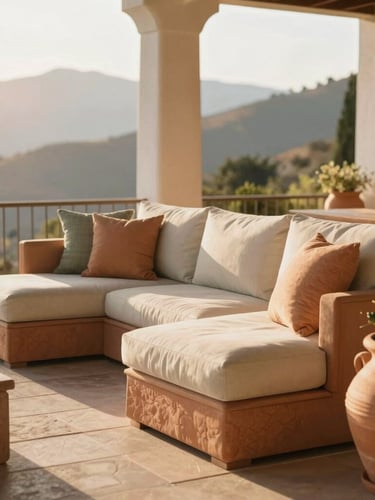 A bright sun-drenched porch with high-end outdoor sofas, textured terracotta planters, and a soft mountain backdrop in golden hour light.