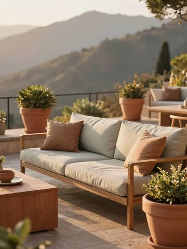 Warm golden-hour daylight illuminating a beautifully styled mountain patio with terracotta planters and high-end outdoor sofas, shallow depth of field, 35mm