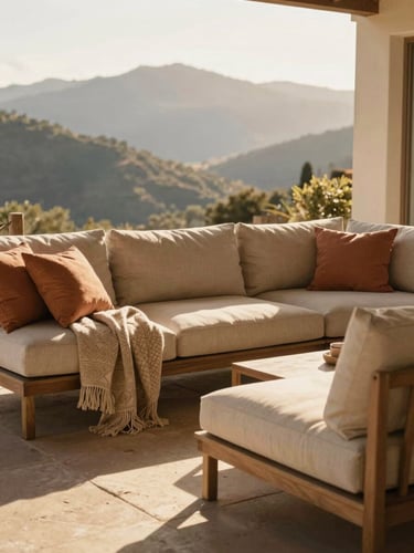 A sun-drenched porch with high-end outdoor sofas and textured throws under warm golden-hour sunlight, mountain backdrop styling, 35mm editorial photography.