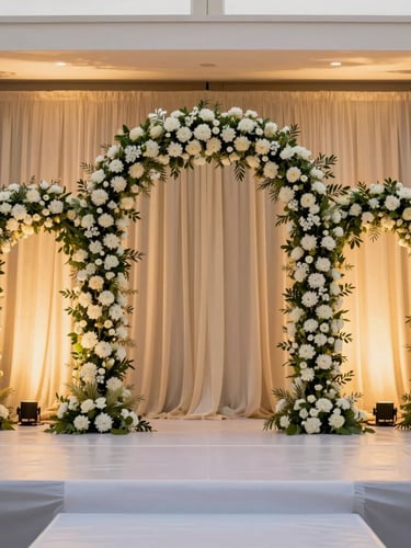 An elegant Indian wedding stage setup with towering floral arches, warm ambient uplighting, champagne drapes, clean modern lines