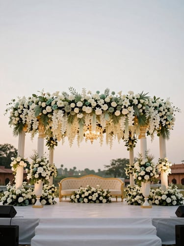 Wide-angle architectural shot of a luxury Indian wedding stage in Lucknow, cascading white and sage-green floral installations, soft golden-hour ambient lighting, 35mm editorial style