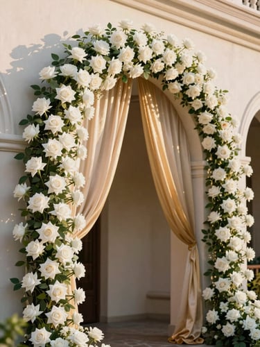 Soft golden-hour light illuminating a grand architectural archway decorated with cascading white roses and champagne gold drapes, 35mm editorial photography