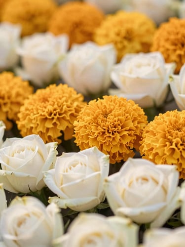 Close-up of fresh Indian marigolds and white roses arranged in architectural layers, soft morning light, shallow depth of field, 35mm