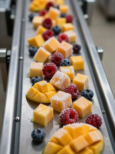 Close-up of IQF frozen mango cubes and mixed berries cascading on a clean stainless steel conveyor belt, frosty texture visible, daylight-balanced.