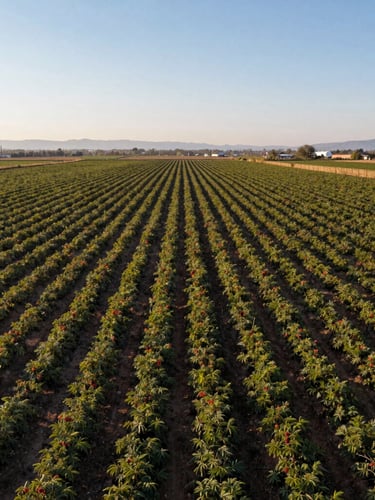 Vista aérea de campos agrícolas de berries perfectamente alineados en Michoacán, luz de mañana clara, geometría industrial limpia