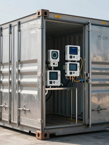 A clean, modern refrigerated shipping container being loaded at a clinical logistics terminal, stainless steel surfaces, cold-chain monitoring equipment visible