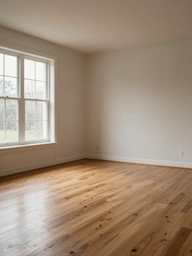 Wide interior shot of a freshly cleaned living room, natural daylight pouring through tall windows on the left, bare hardwood floors gleaming without glare, neutral walls and minimal furniture — the room is empty and still, the silence of the space doing the selling