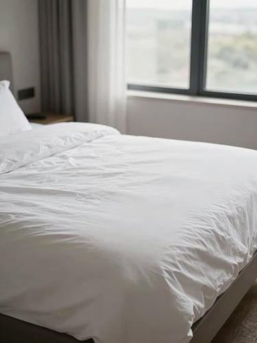 Neatly made bed in a short-term rental room, fresh linens smoothed flat, soft window daylight on white bedding, minimal furnishings visible, calm and unhurried