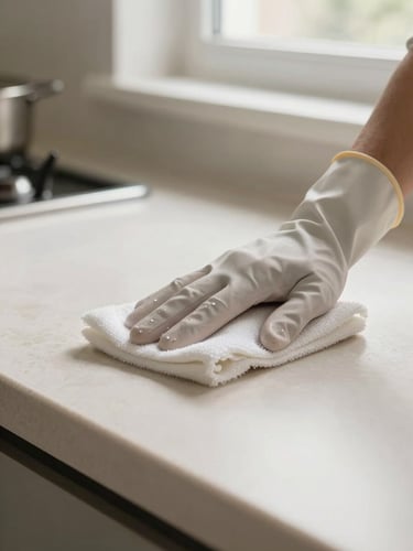Close-up of a gloved hand wiping a kitchen countertop in a residential home, soft diffused daylight from a nearby window, cream surface, careful deliberate motion