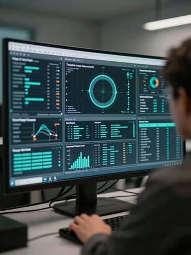 Close-up wide shot of a monitoring dashboard on a large curved monitor, teal-accented data visualizations glowing in a dim engineering suite, multiple metric panels visible, over-the-shoulder perspective from the right, desaturated real-world color palette