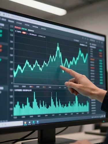 Close-up of a financial monitoring dashboard on a large screen, teal data lines tracking transaction throughput in real time, engineer's hand pointing at a latency spike, cool overhead studio lighting, desaturated tones with teal accent glow from the monitor
