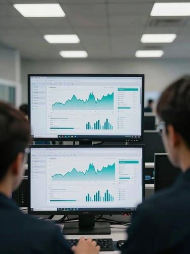 Wide engineering operations center, two monitors showing unified observability dashboards with retail transaction graphs, over-the-shoulder framing, cool diffused overhead lighting, desaturated environment with teal chart lines standing out