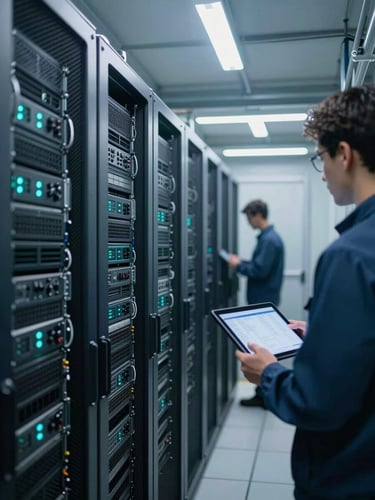Industrial server room corridor, rows of rack-mounted hardware under cool fluorescent light, a technician in the background reviewing a tablet showing database performance metrics, desaturated steel-blue tones, teal status indicators glowing on equipment panels