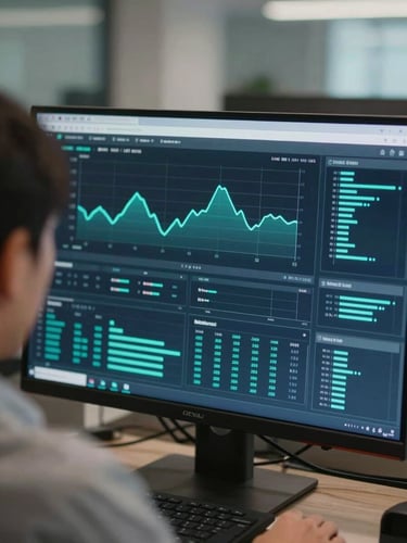 Close-up over-the-shoulder view of a monitoring dashboard on a large screen, teal and navy data visualization lines and metric panels glowing under cool diffused office lighting, engineering workspace in soft focus background