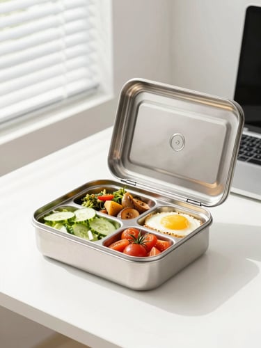 Bright editorial food photography of a modern stainless steel tiffin box being opened at a clean office desk, natural window light, vibrant colors, sharp focus, 50mm lens
