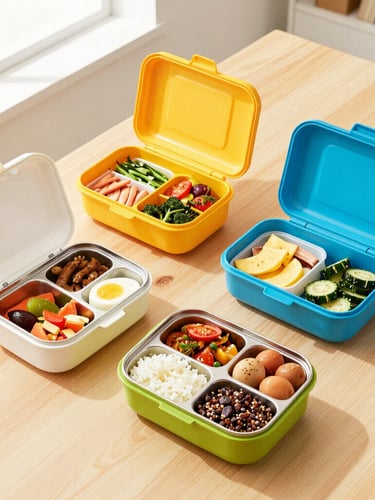 Bright editorial food photography, overhead flat-lay of three modern tiffin boxes opened on a clean wooden office desk, vibrant colors, natural window light