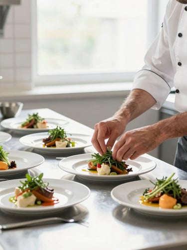 Bright editorial food photography of premium stainless steel kitchen, chef neatly arranging fresh herbs on plated dishes, natural window light, sharp focus