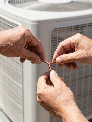Close-up of a certified technician's hands carefully adjusting copper piping on an outdoor AC condenser unit under bright Colorado daylight, sharp focus on mechanical details.