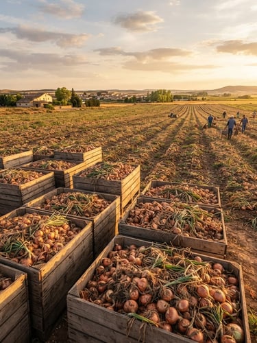 Wide panoramic Spanish onion field at golden hour, freshly harvested onions in bulk wooden crates in the foreground, rich copper and golden tones, bright natural daylight.