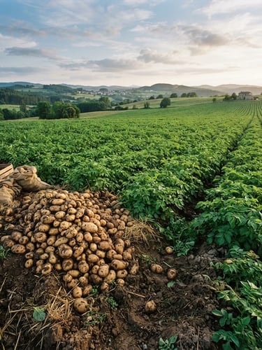 Amplio campo de patatas verdes bajo un cielo ligeramente nublado al amanecer, con una pila de patatas recién cosechadas y tierra fértil en primer plano a la izquierda, vista panorámica.