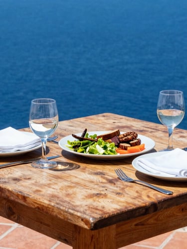 Vibrant close-up of a rustic wooden table set for lunch on a cliffside overlooking the deep blue sea, sun-baked terracotta tiles, bright daylight, crisp 35mm