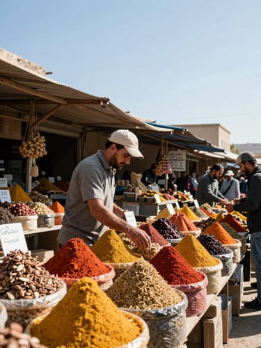 Bright natural sunlight illuminating a local market vendor presenting fresh spices to a traveler, rich saturated tones, wide-angle environmental framing, crisp 35mm