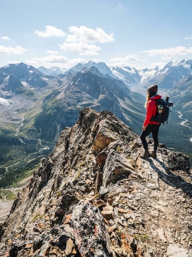 Vibrant adventure photography, bright natural sunlight, a hiker standing on a narrow rocky ridge looking over a vast mountain valley, wide-angle environmental framing, crisp 35mm