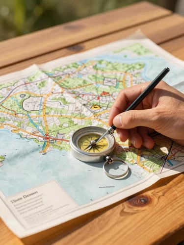 Vibrant adventure photography, bright natural sunlight, tactile close-up of a hand marking a vintage paper map with a classic compass on a wooden table, warm golden hour sunlight, rich saturated tones