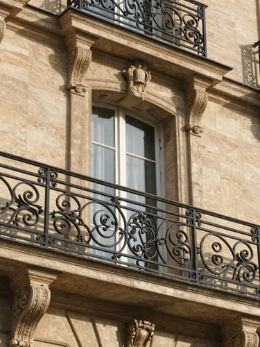 Close-up detail of a Parisian balcony with intricate black ironwork, warm stone facade, soft natural afternoon light, elegant editorial feel