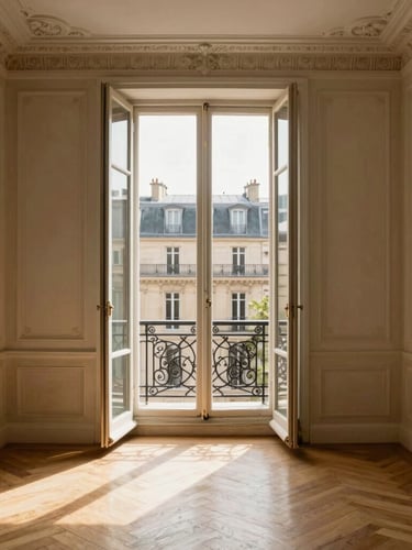 A high-end sunlit Parisian apartment interior with herringbone parquet floors, decorative ceiling moldings, tall French windows opening to a classic wrought-iron balcony, soft afternoon daylight, warm stone and brass tones, editorial architectural photography, 35mm lens.
